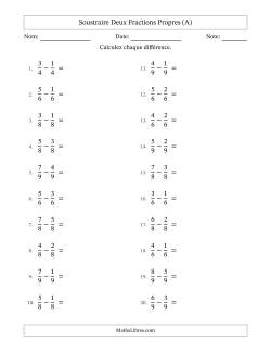 Soustraire deux fractions propres avec des dénominateurs égaux, résultats en fractions propres, et avec simplification dans tous les problèmes