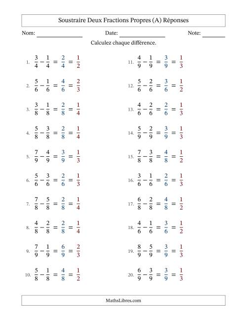 Soustraire deux fractions propres avec des dénominateurs égaux, résultats en fractions propres, et avec simplification dans tous les problèmes (A) page 2
