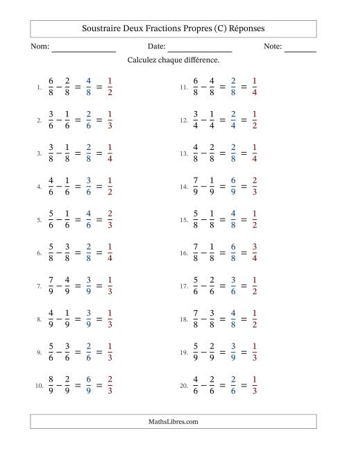 Soustraire deux fractions propres avec des dénominateurs égaux, résultats en fractions propres, et avec simplification dans tous les problèmes (C) page 2