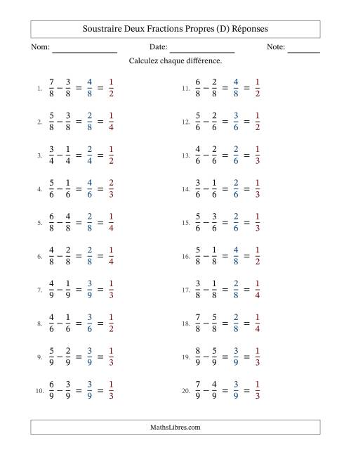 Soustraire deux fractions propres avec des dénominateurs égaux, résultats en fractions propres, et avec simplification dans tous les problèmes (D) page 2