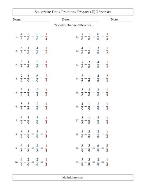 Soustraire deux fractions propres avec des dénominateurs égaux, résultats en fractions propres, et avec simplification dans tous les problèmes (E) page 2