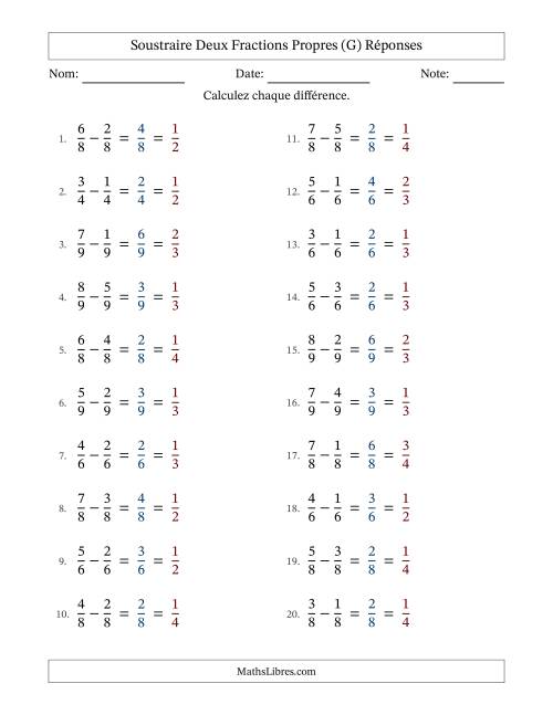 Soustraire deux fractions propres avec des dénominateurs égaux, résultats en fractions propres, et avec simplification dans tous les problèmes (G) page 2