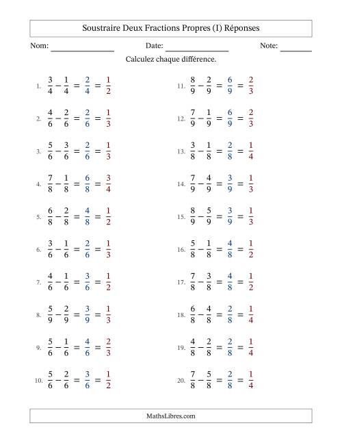 Soustraire deux fractions propres avec des dénominateurs égaux, résultats en fractions propres, et avec simplification dans tous les problèmes (I) page 2