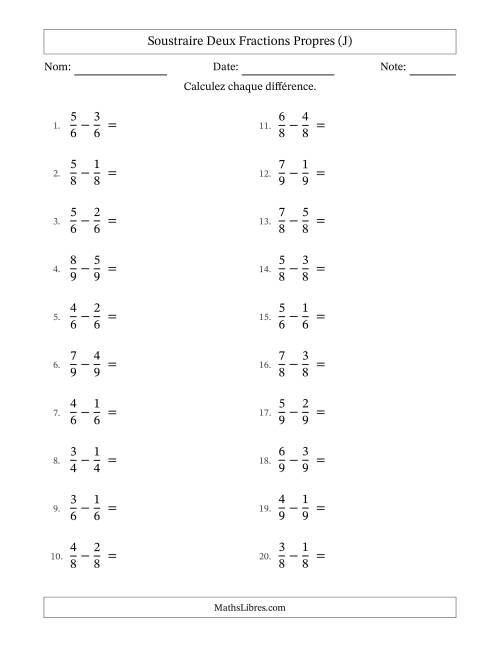 Soustraire deux fractions propres avec des dénominateurs égaux, résultats en fractions propres, et avec simplification dans tous les problèmes (J)