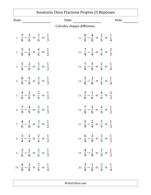 Soustraire deux fractions propres avec des dénominateurs égaux, résultats en fractions propres, et avec simplification dans tous les problèmes (J) page 2