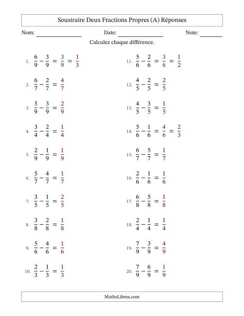 Soustraire deux fractions propres avec des dénominateurs égaux, résultats en fractions propres, et avec simplification dans quelques problèmes (A) page 2