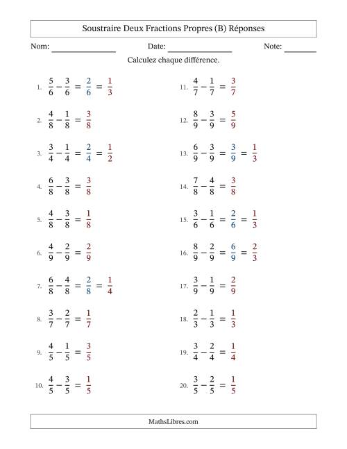 Soustraire deux fractions propres avec des dénominateurs égaux, résultats en fractions propres, et avec simplification dans quelques problèmes (B) page 2