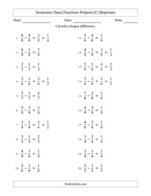 Soustraire deux fractions propres avec des dénominateurs égaux, résultats en fractions propres, et avec simplification dans quelques problèmes (C) page 2