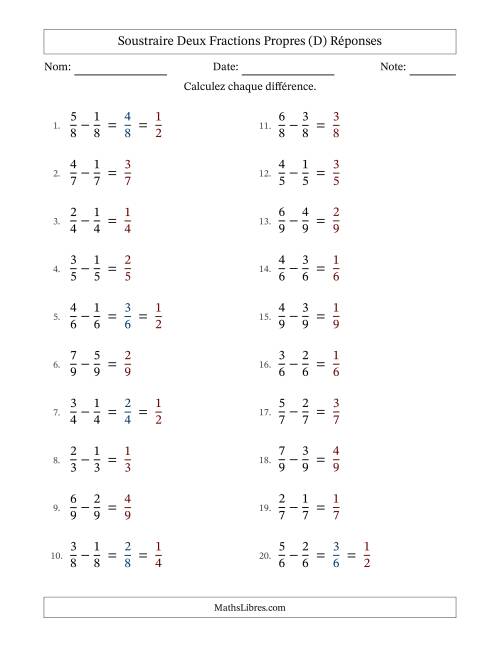 Soustraire deux fractions propres avec des dénominateurs égaux, résultats en fractions propres, et avec simplification dans quelques problèmes (D) page 2