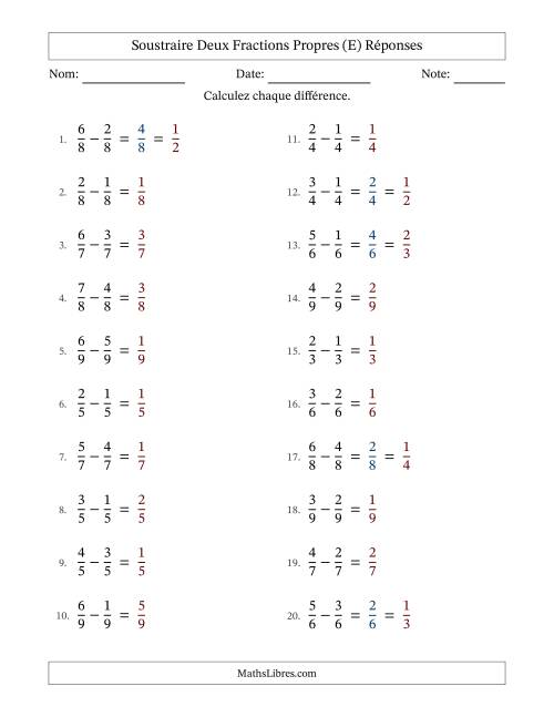 Soustraire deux fractions propres avec des dénominateurs égaux, résultats en fractions propres, et avec simplification dans quelques problèmes (E) page 2
