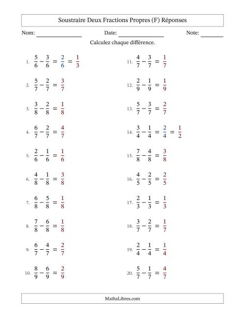 Soustraire deux fractions propres avec des dénominateurs égaux, résultats en fractions propres, et avec simplification dans quelques problèmes (F) page 2