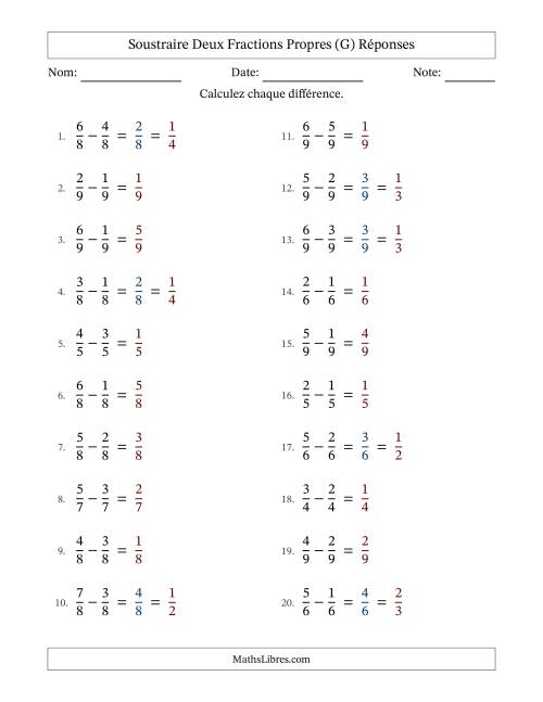 Soustraire deux fractions propres avec des dénominateurs égaux, résultats en fractions propres, et avec simplification dans quelques problèmes (G) page 2