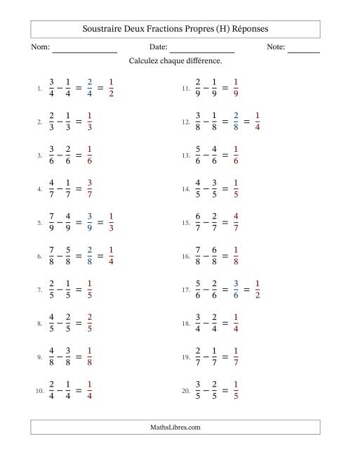 Soustraire deux fractions propres avec des dénominateurs égaux, résultats en fractions propres, et avec simplification dans quelques problèmes (H) page 2