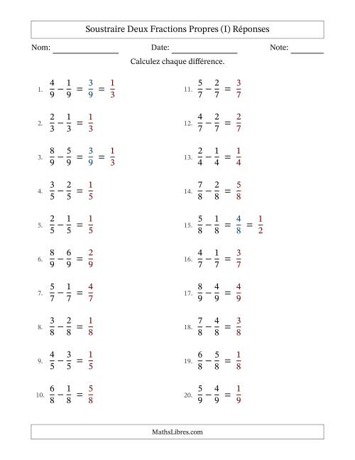 Soustraire deux fractions propres avec des dénominateurs égaux, résultats en fractions propres, et avec simplification dans quelques problèmes (I) page 2