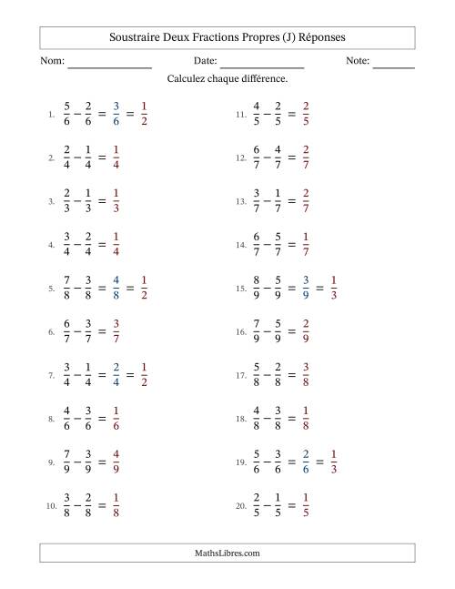 Soustraire deux fractions propres avec des dénominateurs égaux, résultats en fractions propres, et avec simplification dans quelques problèmes (J) page 2
