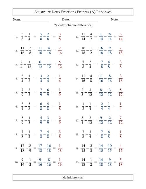 Soustraire deux fractions propres avec des dénominateurs similaires, résultats en fractions propres, et sans simplification (A) page 2