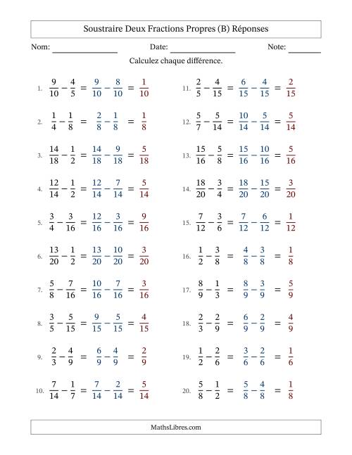 Soustraire deux fractions propres avec des dénominateurs similaires, résultats en fractions propres, et sans simplification (B) page 2