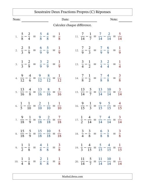 Soustraire deux fractions propres avec des dénominateurs similaires, résultats en fractions propres, et sans simplification (C) page 2