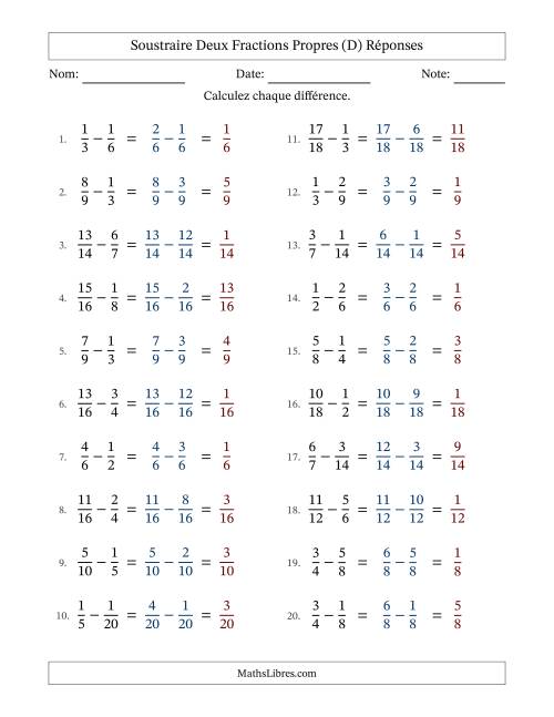 Soustraire deux fractions propres avec des dénominateurs similaires, résultats en fractions propres, et sans simplification (D) page 2