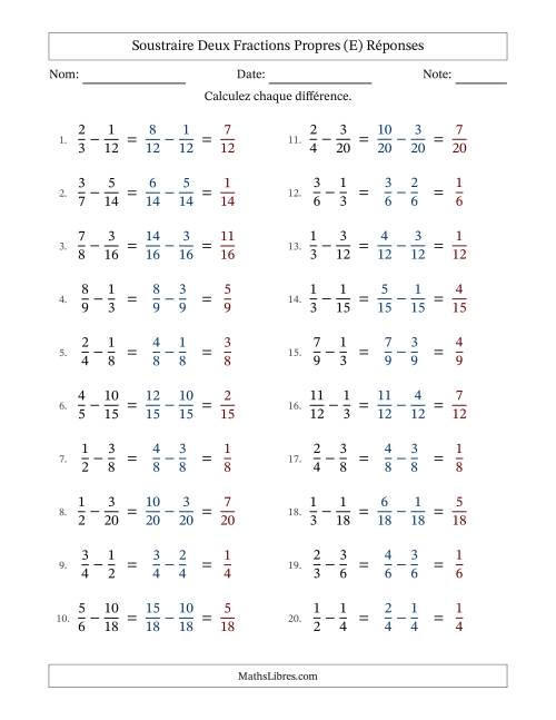 Soustraire deux fractions propres avec des dénominateurs similaires, résultats en fractions propres, et sans simplification (E) page 2
