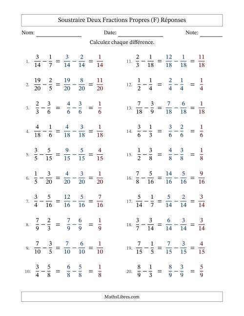 Soustraire deux fractions propres avec des dénominateurs similaires, résultats en fractions propres, et sans simplification (F) page 2