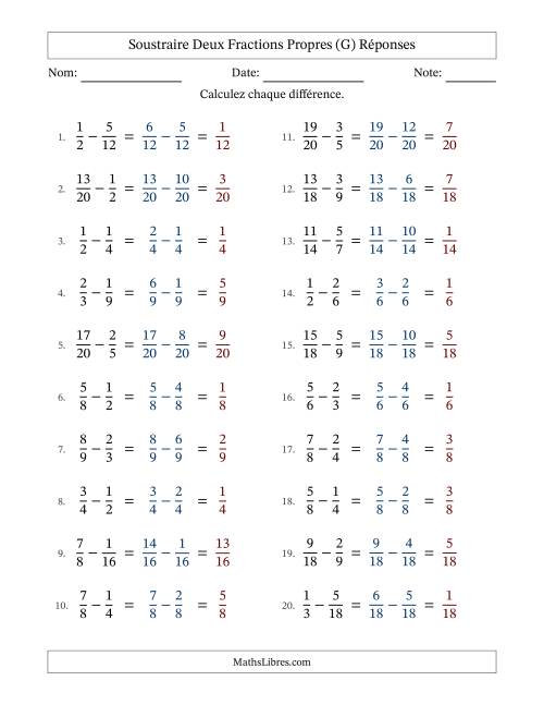 Soustraire deux fractions propres avec des dénominateurs similaires, résultats en fractions propres, et sans simplification (G) page 2