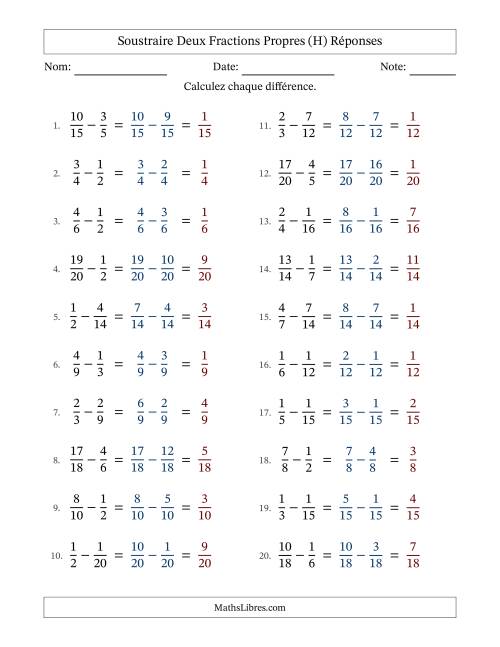 Soustraire deux fractions propres avec des dénominateurs similaires, résultats en fractions propres, et sans simplification (H) page 2