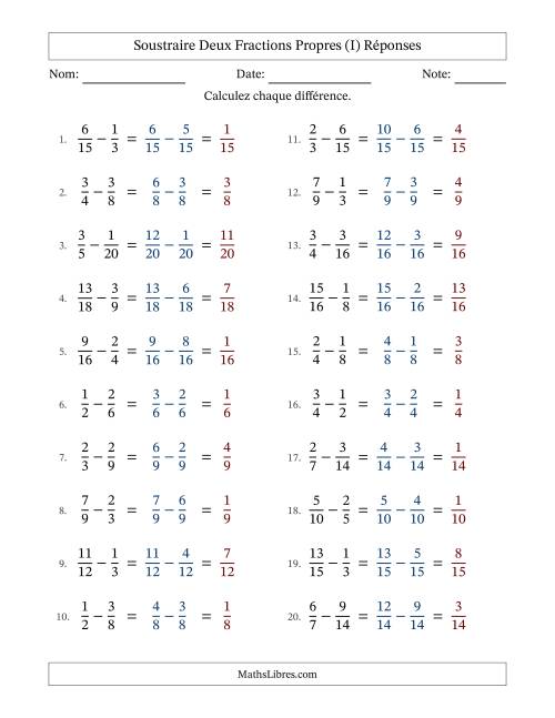 Soustraire deux fractions propres avec des dénominateurs similaires, résultats en fractions propres, et sans simplification (I) page 2