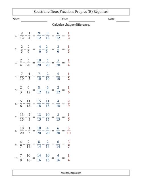 Soustraire deux fractions propres avec des dénominateurs similaires, résultats en fractions propres, et avec simplification dans tous les problèmes (B) page 2