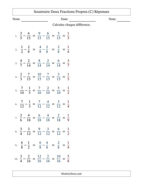 Soustraire deux fractions propres avec des dénominateurs similaires, résultats en fractions propres, et avec simplification dans tous les problèmes (C) page 2