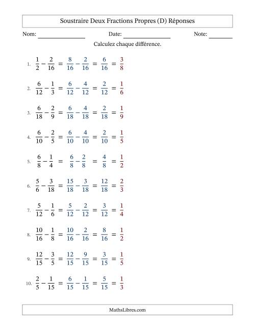 Soustraire deux fractions propres avec des dénominateurs similaires, résultats en fractions propres, et avec simplification dans tous les problèmes (D) page 2