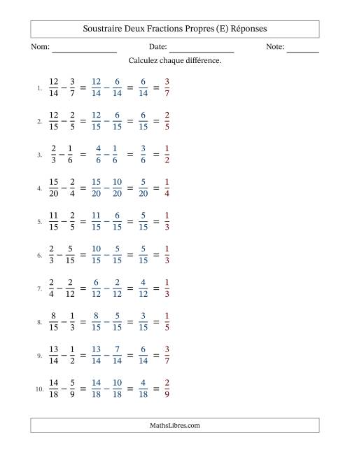 Soustraire deux fractions propres avec des dénominateurs similaires, résultats en fractions propres, et avec simplification dans tous les problèmes (E) page 2