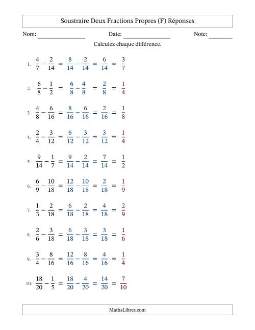 Soustraire deux fractions propres avec des dénominateurs similaires, résultats en fractions propres, et avec simplification dans tous les problèmes (F) page 2