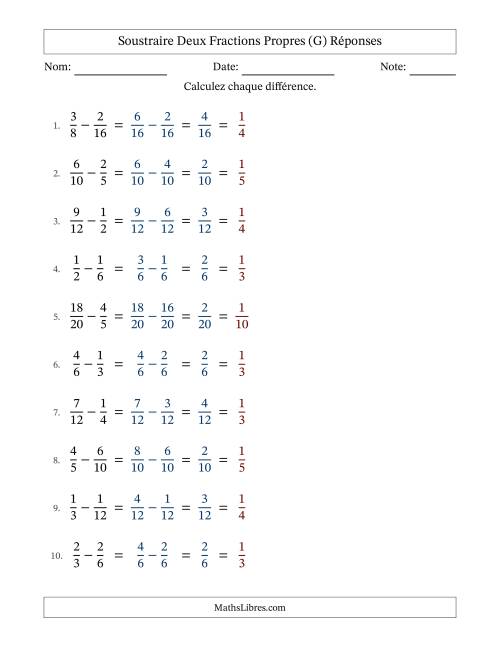 Soustraire deux fractions propres avec des dénominateurs similaires, résultats en fractions propres, et avec simplification dans tous les problèmes (G) page 2