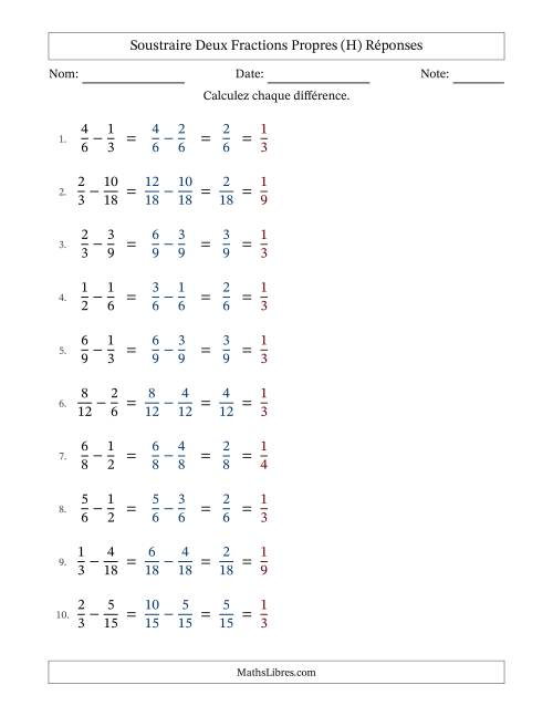 Soustraire deux fractions propres avec des dénominateurs similaires, résultats en fractions propres, et avec simplification dans tous les problèmes (H) page 2