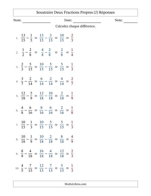 Soustraire deux fractions propres avec des dénominateurs similaires, résultats en fractions propres, et avec simplification dans tous les problèmes (J) page 2