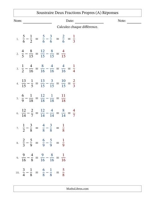 Soustraire deux fractions propres avec des dénominateurs similaires, résultats en fractions propres, et avec simplification dans quelques problèmes (A) page 2