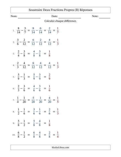 Soustraire deux fractions propres avec des dénominateurs similaires, résultats en fractions propres, et avec simplification dans quelques problèmes (B) page 2