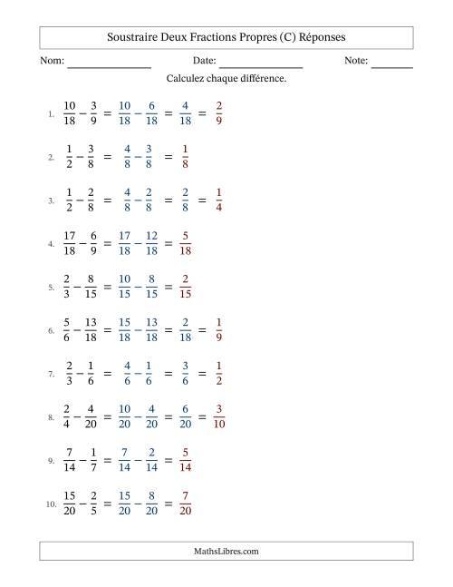 Soustraire deux fractions propres avec des dénominateurs similaires, résultats en fractions propres, et avec simplification dans quelques problèmes (C) page 2