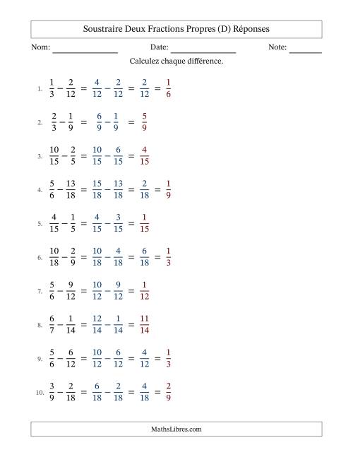 Soustraire deux fractions propres avec des dénominateurs similaires, résultats en fractions propres, et avec simplification dans quelques problèmes (D) page 2