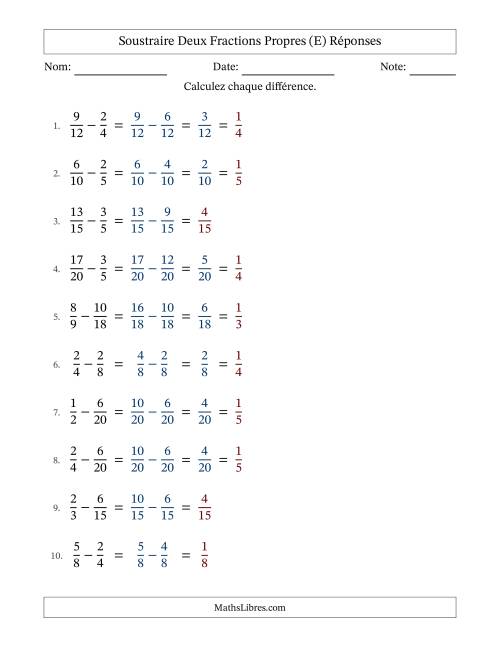 Soustraire deux fractions propres avec des dénominateurs similaires, résultats en fractions propres, et avec simplification dans quelques problèmes (E) page 2