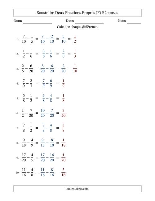 Soustraire deux fractions propres avec des dénominateurs similaires, résultats en fractions propres, et avec simplification dans quelques problèmes (F) page 2