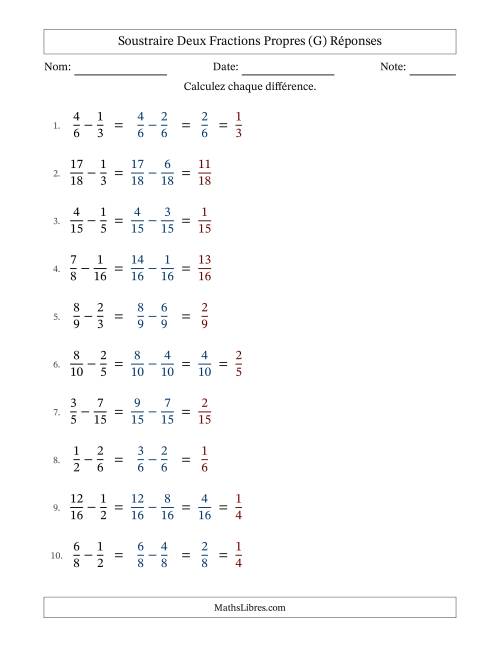 Soustraire deux fractions propres avec des dénominateurs similaires, résultats en fractions propres, et avec simplification dans quelques problèmes (G) page 2