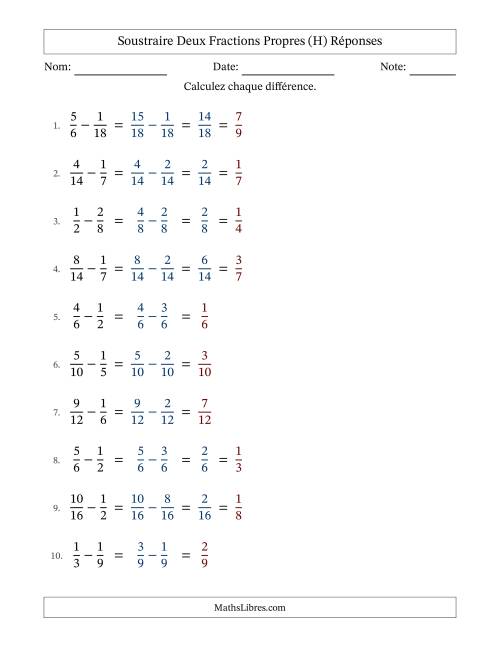 Soustraire deux fractions propres avec des dénominateurs similaires, résultats en fractions propres, et avec simplification dans quelques problèmes (H) page 2