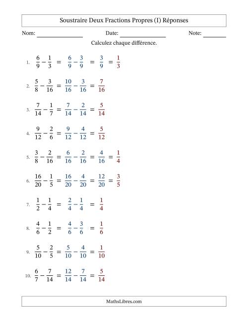 Soustraire deux fractions propres avec des dénominateurs similaires, résultats en fractions propres, et avec simplification dans quelques problèmes (I) page 2