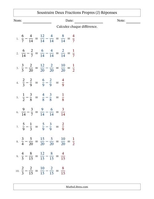 Soustraire deux fractions propres avec des dénominateurs similaires, résultats en fractions propres, et avec simplification dans quelques problèmes (J) page 2