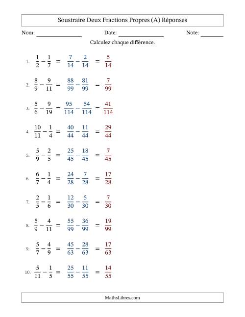 Soustraire deux fractions propres avec des dénominateurs différents, résultats en fractions propres, et sans simplification (A) page 2