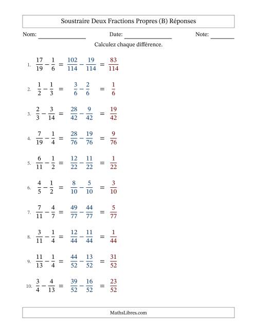 Soustraire deux fractions propres avec des dénominateurs différents, résultats en fractions propres, et sans simplification (B) page 2