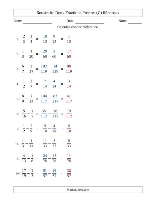 Soustraire deux fractions propres avec des dénominateurs différents, résultats en fractions propres, et sans simplification (C) page 2