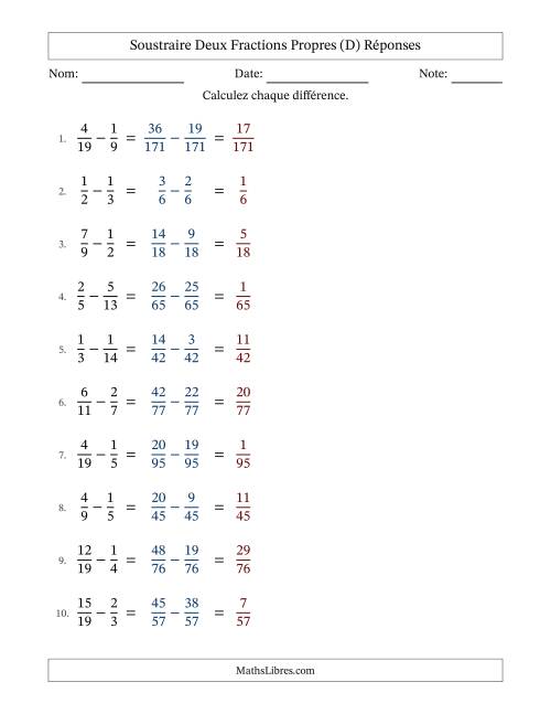 Soustraire deux fractions propres avec des dénominateurs différents, résultats en fractions propres, et sans simplification (D) page 2